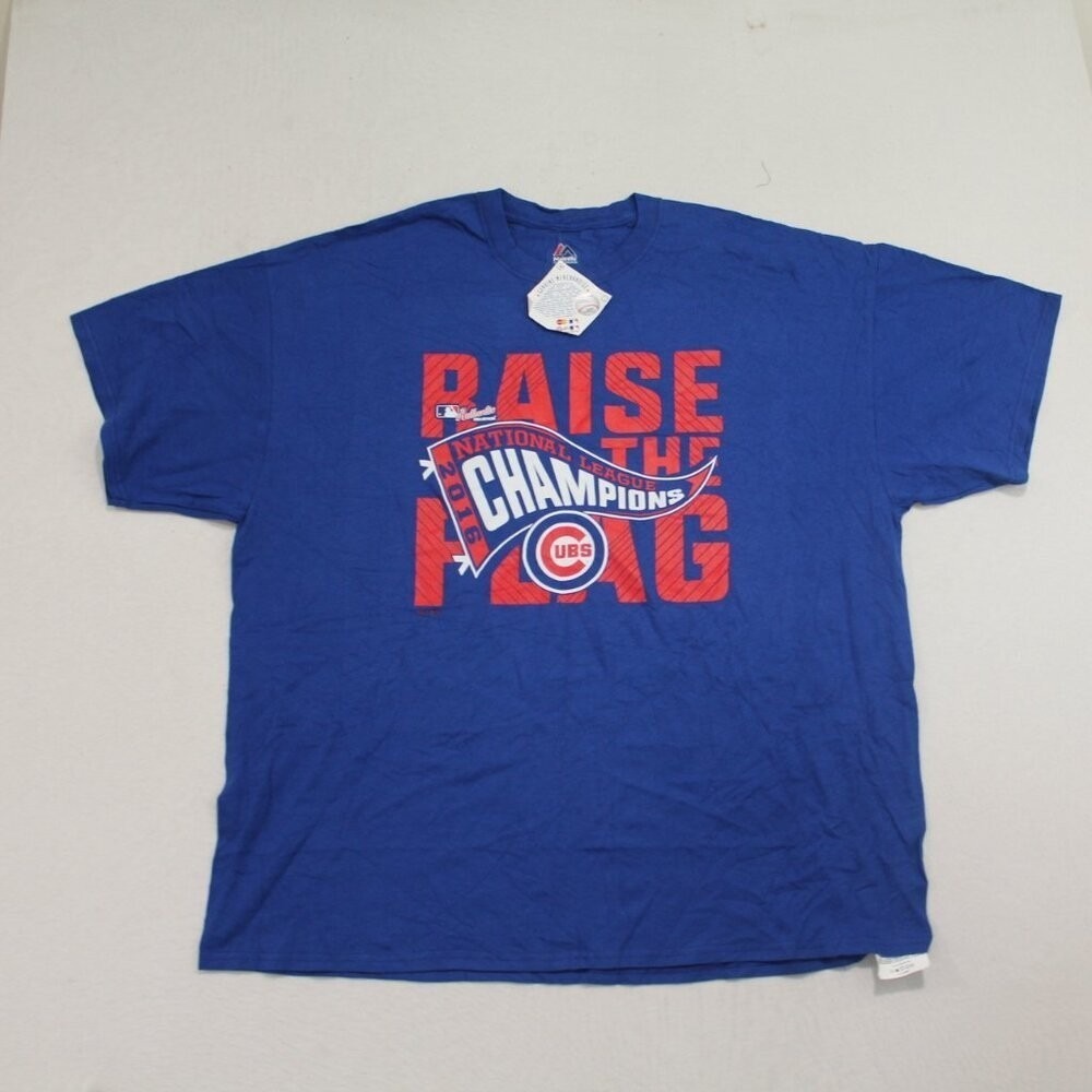Majestic Men Shirt Blue Chicago Cubs Raise The Flags MLB Crew Neck Size XL
